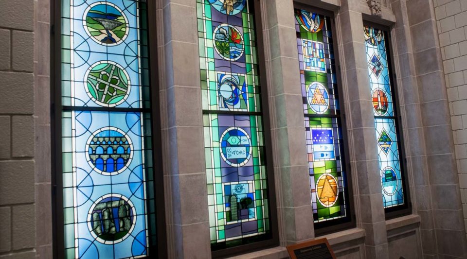 Stained glass windows in Fitzpatrick Hall of Engineering